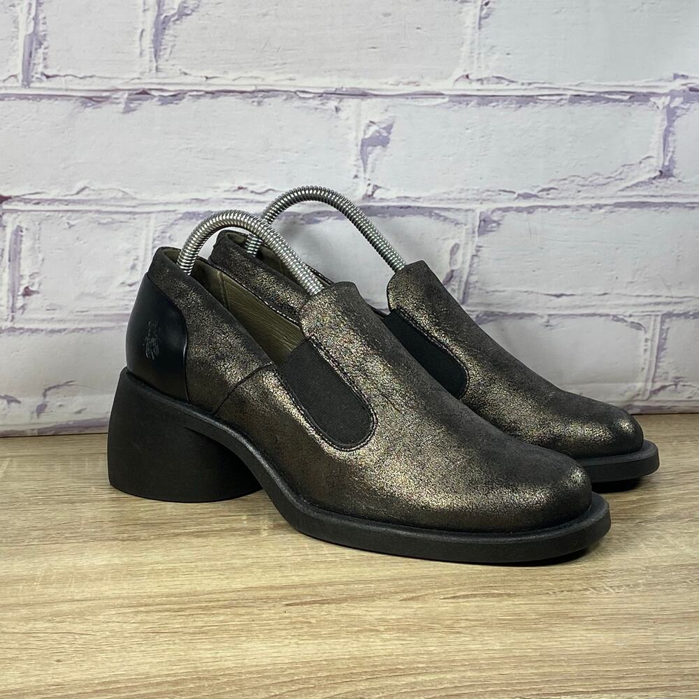 Fly London Huch Chunky Heel Loafers Women's 40 US 9-9.5 Metallic Slip On Shoes